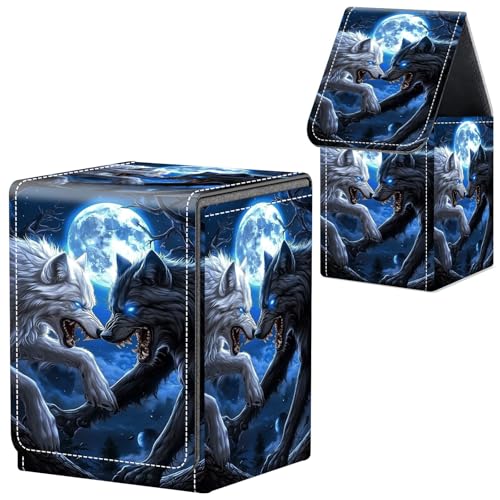 Dark Fantasy Leather Deck Box for MTG Commander Cards, Fits 100+ Double Sleeved Trading Cards, Secure Magnetic Storage Case for Standard Size TCG CCG, Black White Howling Wolves - color: Black White Howling Wolves