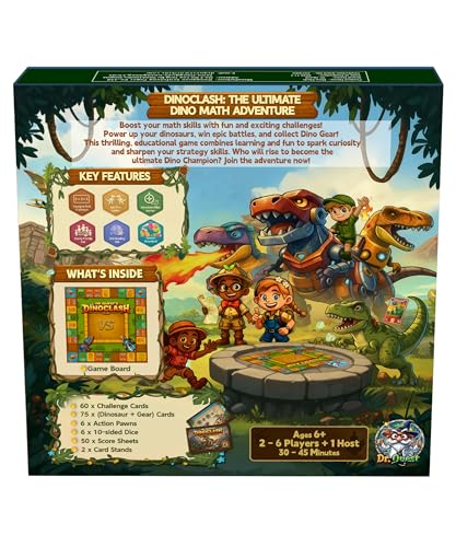 Dr. Quest Dino Clash Educational Math Board Game | Dinosaur-Themed Addition & Subtraction Game | Educational Family & Homeschool Math Game for Kids Ages 6–10