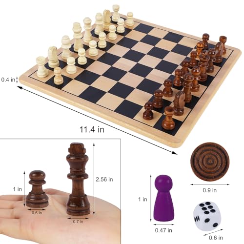 Glintoper 5-in-1 Wooden Board Game with 2 Reversible Boards for Chess, Checkers, Chinese Checkers, Snakes and Ladders, Tic Tac Toe, Tabletop Combo Classic Portable Board Games for Kids to Adult