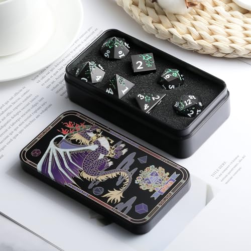 Glitter Green DND Metal Dice, DNDND 7 PCS Flower Metallic DND Dice Set with Gorgeous Gift Case for Dungeons and Dragon Tabletop Game (Matte Black with Glitter Green Flower) - color: Flower Glitter Green