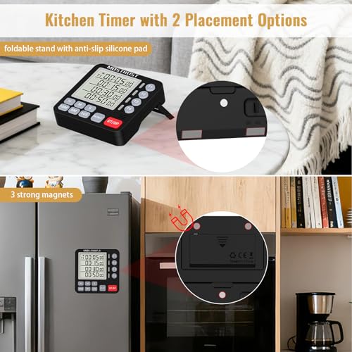 Digital Dual Kitchen Timer, 4 Channels Independent Countdown Timer, Large Display, On/Off, Loud Volume Alarm and Flashing Light with Magnetic Back, Stand, Battery Included (Black) - color: Black