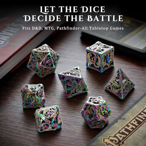 MoKo Dragon Hollow Metal DND Dice Set, Mixed Color | 7 Pcs Polyhedral, D20 D12 D10 D8 D6 D4, For Dungeons and Dragons RPG Games, With Gift Box - color: 4 - Mixed Color