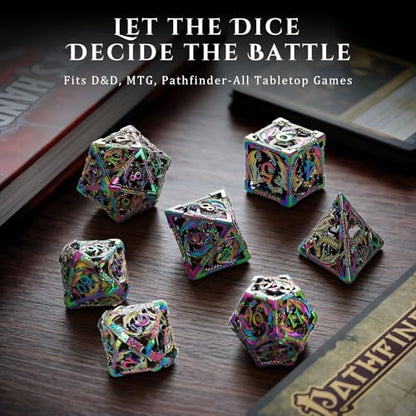 MoKo Dragon Hollow Metal DND Dice Set, Mixed Color | 7 Pcs Polyhedral, D20 D12 D10 D8 D6 D4, For Dungeons and Dragons RPG Games, With Gift Box - color: 4 - Mixed Color