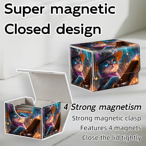 Trading Card Storage Box, Holds 100+ for MTG Cards, PU Leather with Magnetic Closure, Blue Mage Cat Reading Enchanted Tome Durable Deck Box for Magic the Gathering, Trading Card Games - color: Blue Mage Cat Reading Enchanted Tome