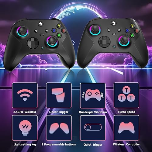 YUYIU Wireless 2.4GHz Controller with 7 Colors RGB Light for Xbox Controller, Xbox One Series X|S,Consoles,Steam PC Windows, with 1000mAh Battery/Hall Effect Sticks/Turbo/Programmable, 3.5mm Audio Jack (BLACK) - color: BLACK