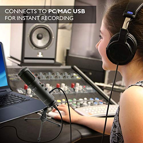 JOVIAL Pyle USB PC Recording Condenser Microphone, Portable Pro Audio Condenser Desk Mic, Blue LED, Adjustable Gain, Headphone Jack, Mute Control, Tripod Stand, for Podcast Streaming Gaming