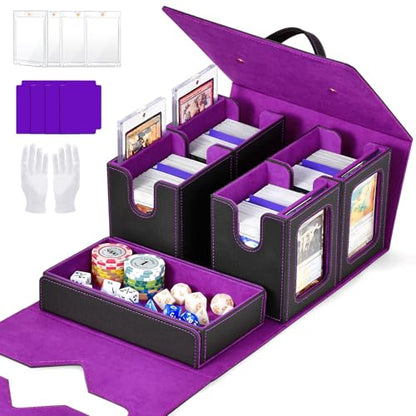Commander Deck Box for MTG, Trading Card Storage Box Holds 400+ Double-Sleeved Cards, 5 IN 1 Removable Card Case with Dice Tray, Display Window with Magnetic Card Holders for TCG/CCG (Black Purple) - color: 5-IN-1-Black Purple