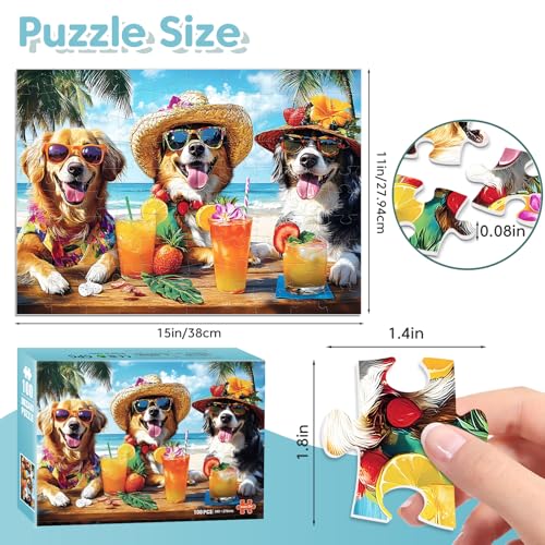 100 Piece Puzzles for Kids Ages 6-8, Dogs Summer Sips Jigsaw Puzzle, Educational Puzzle for Kids & Adults, 100 Piece Puzzles for Adults Large Piece for Seniors 15x11 in - style: Dogs Summer