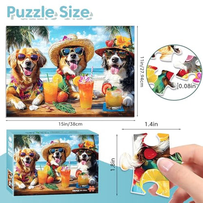 100 Piece Puzzles for Kids Ages 6-8, Dogs Summer Sips Jigsaw Puzzle, Educational Puzzle for Kids & Adults, 100 Piece Puzzles for Adults Large Piece for Seniors 15x11 in - style: Dogs Summer