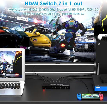 7 Way HDMI Switch 4k@60Hz HDMI Switcher 7 in 1 Out HDCP 2.0 Manual HDMI 2.0 Hub Supports 3D Compatible with Nintendo Switch/Switch OLED/Xbox/ PS5/4/3 Blu-Ray Player Fire Stick Roku Apple TV Chromeca - size: HDMI Switch 7 Port 4K