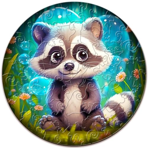 Wooden Puzzles for Kids Ages 4-8, Cute Raccoon Puzzle, Unique Animal Shaped Wooden Jigsaw Puzzles for Kid, 50 Pieces Puzzles for Kids(50pcs,11.4 * 11.4in) - color: Cute Raccoon