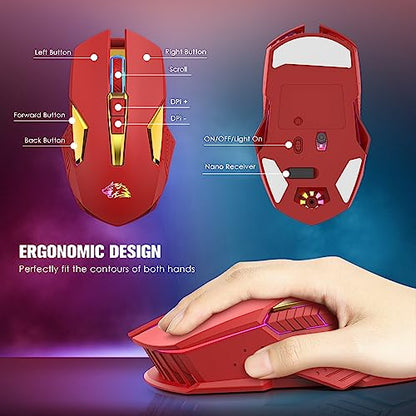 FELICON Wireless Gaming Mouse Rechargeable with Rainbow RGB Backlit,Optical Sensor 3 Level DPI,Ergonomic Gamer Laptop High Performance PC Mice with 8 Buttons for Windows 7/8/10/XP Vista（Red） - color: Red