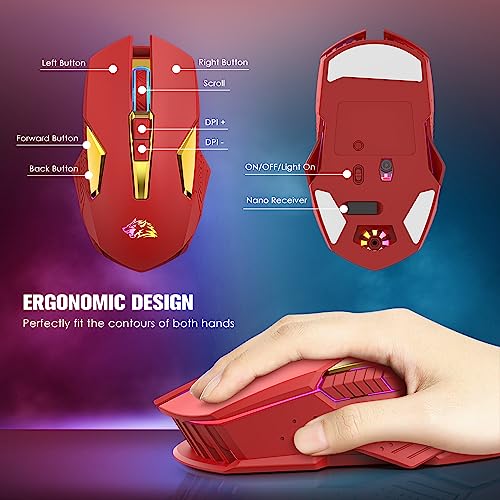 FELICON Wireless Gaming Mouse Rechargeable with Rainbow RGB Backlit,Optical Sensor 3 Level DPI,Ergonomic Gamer Laptop High Performance PC Mice with 8 Buttons for Windows 7/8/10/XP Vista（Red） - color: Red