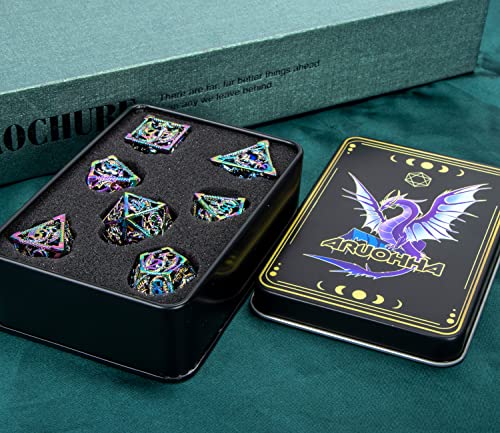 ARUOHHA Hollow DND Metal Dice Set Rainbow Dragons D and D Dice, RPG Role Playing Games Dungeons Polyhedral Dice with Gift Box D20 D12 D10 D8 D6 D4 - color: Colorful