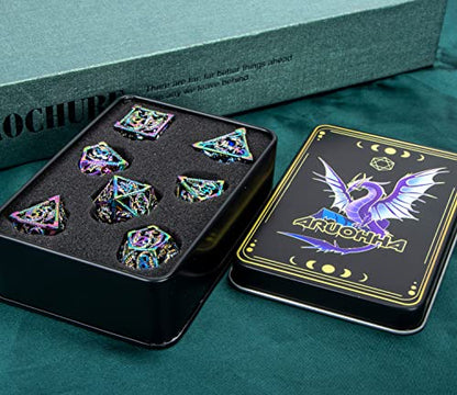 ARUOHHA Hollow DND Metal Dice Set Rainbow Dragons D and D Dice, RPG Role Playing Games Dungeons Polyhedral Dice with Gift Box D20 D12 D10 D8 D6 D4 - color: Colorful