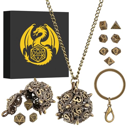 Mini DND Dice Set with D20 Spike Metal Cage Portable Keychain Necklace, Tiny 7pcs Polyhedral D&D Dice Set, DND Gifts with Gift Box, D&D Accessories for RPG, Bronze - color: Bronze