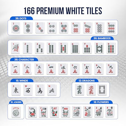 American Mahjong Tile Set with Mat - Premium Quality Melamine Mahjong Set with 166 Scratch-Resistant Tiles, Complete Accessories, and Portable Blue Carrying Case for Timeless Fun