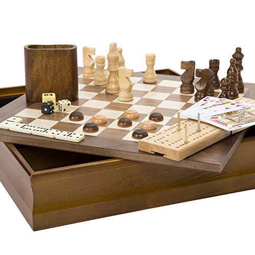 Hey! Play! 7-in-1 Classic Wooden Board Game Set – Old Fashioned Family Game Night Cards, Dice, Chess, Checkers, Backgammon, Dominoes and Cribbage (12-HY2691) - style: 7-in-1 Old Fashioned