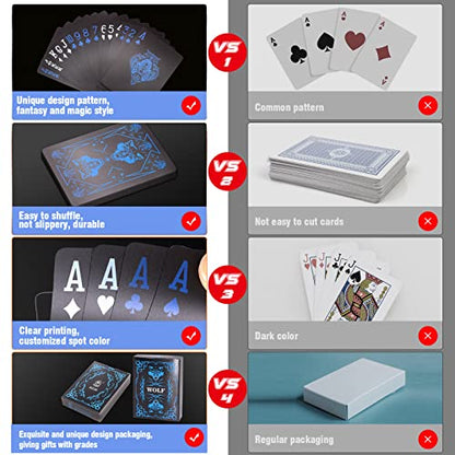 WJPC PVC Waterproof Playing Cards, Cool Black Plastic Poker Cards,Deck of Cards for Game and Party.(Wolf) - color: Blue