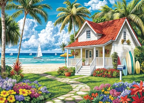 Jigsaw Puzzles for Adults 1000 Piece Puzzle for Adults 1000 Pieces Puzzle 1000 Pieces-Summer Beach Vacation -Surfing, Coconut Trees, Wooden Houses - color: Beach Surfing