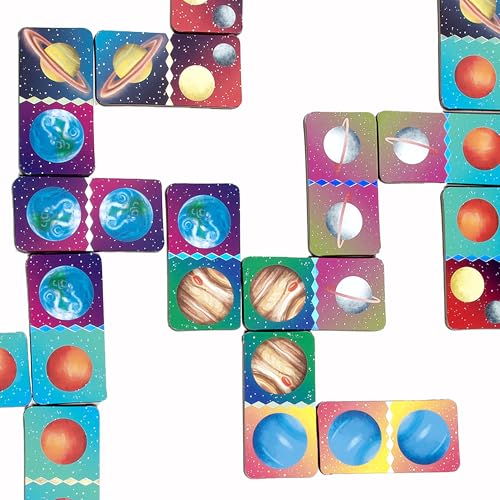 eeBoo Space Mini Dominoes Game - 28 Piece Planet Themed Set, Silver Holographic Foil Tiles, Tile Laying Matching Game, Screen-Free Fun, Kids Ages 3+ - style: Space