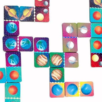 eeBoo Space Mini Dominoes Game - 28 Piece Planet Themed Set, Silver Holographic Foil Tiles, Tile Laying Matching Game, Screen-Free Fun, Kids Ages 3+ - style: Space