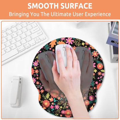 KONVINIT Ergonomic Mouse Pad with Wrist Rest, Small Mousepad with Non-Slip Rubber Base and Smooth Surface, Black Flowers Mouse Pads for Desk, Office Desk Accessories - color: Black Flowers