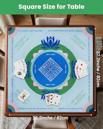 Mahjong Mat for Table, American Mahjong Mat with Rules, 32x32 Inch | Rubber Non-Slip Mah Jong Mat, Noise Reduction Table Cover Accessories for Mahjong, Poker, Board Games, Dominoe - color: Blue-green