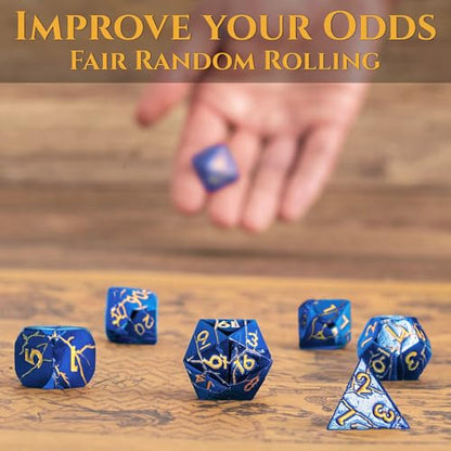 Metal Dice for DND - Ancient Cracked Lightning – Blue Gold Cracks | Beautiful 7pc Polyhedral Dice Set, Smooth Rolling, Role Playing Games (RPG), Compatible with D&D, for Dungeons and Dragons - color: Metal Blue Gold Lightning