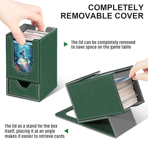 Card Deck Box for MTG Commander, Fits 100+ Double-Sleeved Cards Card Case | with Detachable Dice Tray, 2 Dividers, Removable lid, Trading Card Storage Box, Sturdy and Durable, Fits TCG/PTCG/Sports Card - color: Dark Green and Dark Gray