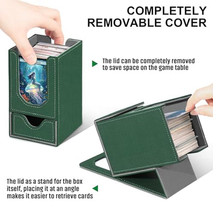 Card Deck Box for MTG Commander, Fits 100+ Double-Sleeved Cards Card Case | with Detachable Dice Tray, 2 Dividers, Removable lid, Trading Card Storage Box, Sturdy and Durable, Fits TCG/PTCG/Sports Card - color: Dark Green and Dark Gray