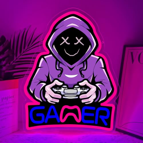 Gamer Neon Sign, Purple Hooded Gamer Neon Signs for Wall Decor,Gamer Room Decor for Boys, Teenage Boy Gifts, Gamer Gifts, Wall Light for Game Room, Man Cave - color: Gamer Rose red