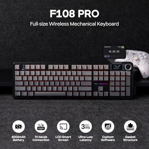 EPOMAKER X Aula F108 PRO Wireless Gaming Keyboard with Screen, 8000mAh Battery, 104 Hot-Swappable and Programmable Keys and Knob, RGB Backlight, for Mac/PC/Android (Black Gradient) - color: Black Gradient