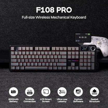 EPOMAKER X Aula F108 PRO Wireless Gaming Keyboard with Screen, 8000mAh Battery, 104 Hot-Swappable and Programmable Keys and Knob, RGB Backlight, for Mac/PC/Android (Black Gradient) - color: Black Gradient