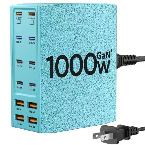USB Charging Station (1000W),12-Port USB C Charger Block with Dual 100W PD USB-C Fast Charging Station Hub for MacBook Pro/Air/All iPad Phone 17/16 15/14/13/Pro Max/Samsung Galaxy Note(Green) - color: Green