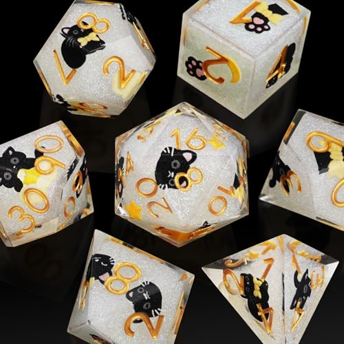DND Cat Dice Set for Role Playing Gaming with Box, Sticker Sharp Edged Polyhedral Resin DND Dice Set with Cute Black Cat ＆ Yellow Image, D% D20 D12 D10 D8 D6 D4 Dice RPG MTG Gift (White) - color: White-yellow, style: Cat