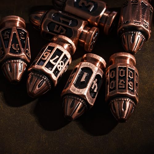 UDIXI Metal DND Bullet Dice Set, 7PCS D&D Metal Polyhedral Dice Set Copper | Cool Design, Magazines Container and PU Leather Bag, for Dungeons and Dragons Role Playing Games and Tabletop Games RPG - color: Ancient Copper