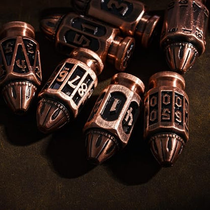 UDIXI Metal DND Bullet Dice Set, 7PCS D&D Metal Polyhedral Dice Set Copper | Cool Design, Magazines Container and PU Leather Bag, for Dungeons and Dragons Role Playing Games and Tabletop Games RPG - color: Ancient Copper