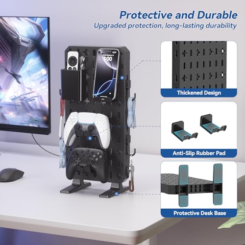 KDD 6 in 1 RGB Gaming Desk Accessories - No Drill Desk Organizer with Phone Stand/Storage Box/Headset & Controller Holder/Hooks, Freestanding Gaming Pegboard for Office & Home Desktop Decor Organizer