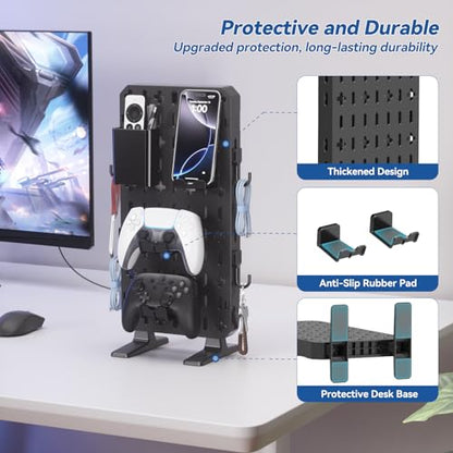 KDD 6 in 1 RGB Gaming Desk Accessories - No Drill Desk Organizer with Phone Stand/Storage Box/Headset & Controller Holder/Hooks, Freestanding Gaming Pegboard for Office & Home Desktop Decor Organizer