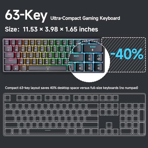 DIERYA DK63 60% Wireless Mechanical Gaming Keyboard | Bluetooth/2.4G/Wired Keyboard | RGB Backlit Compact 63 Keys Mini Office Keyboard | with Blue Switch | for Windows Laptop PC Gamer Typist-Black - style: Black/Blue Switches