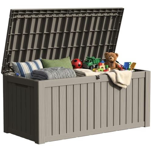 TARKARI 150 Gallon Outdoor Storage Box Waterproof, Resin Deck Boxes with Lockable Lid & UV-Resistant for Patio, Pool, Garden Furniture Cushions & Accessories, Coffee - color: Coffee, size: 150 GAL