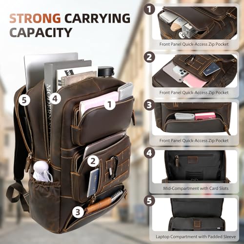 Full Grain Leather Backpack for Men, 17" Laptop Travel Rucksack, Brown | Premium Cowhide Leather, YKK Zippers, Business Trip, 32L, Ergonomic S-Straps, Water Bottle Pocket