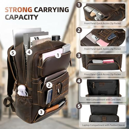 Full Grain Leather Backpack for Men, 17" Laptop Travel Rucksack, Brown | Premium Cowhide Leather, YKK Zippers, Business Trip, 32L, Ergonomic S-Straps, Water Bottle Pocket