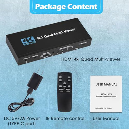 HDMI Multiviewer Switch 4x1, Quad Switcher 4 in 1 Out with IR Remote Control, Support 4K Full HD and 9 Display Modes for Security Camera, Gaming Consoles - size: HDMI Mutiviewer Switch