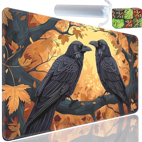 Playmat for MTG, 24x14 Inches Playmats, for TCG and CCG Trading Card Game Mat, Non-Slip Rubber for MTG Playmats with A Storage Bag and 6 Dice Set, Two Black Ravens Pattern - color: Yu-Playmat-1-A14