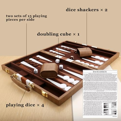 Backgammon Set - Classic Board Game with Premium Leather Case - Portable Travel Strategy Backgammon Game Set for Adults, Kids (15inch, Khaki) - color: Khaki, style: 15inch