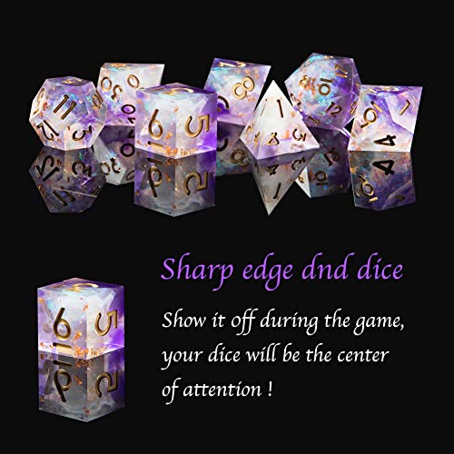 Sharp Edge DND Dice Set Handmade 7 Accessories Dice for Dungeons and Dragons TTRPG Games, Multi-Sided RPG Polyhedral Resin Sharp Edge Dice Roleplaying Games - color: Purple