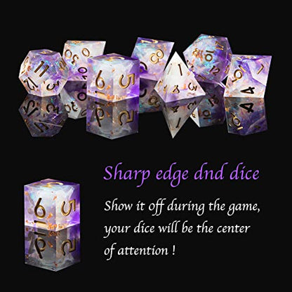 Sharp Edge DND Dice Set Handmade 7 Accessories Dice for Dungeons and Dragons TTRPG Games, Multi-Sided RPG Polyhedral Resin Sharp Edge Dice Roleplaying Games - color: Purple