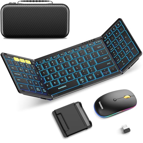 Foldable Keyboard and Mouse, Samsers Folding Bluetooth Keyboard Combo, 2.4G + BT5.0 x 2, Full-Size Portable Travel Keyboard & Rechargeable Wireless Mouse for Windows Android iOS Mac OS, Black - color: Stylish BL Black